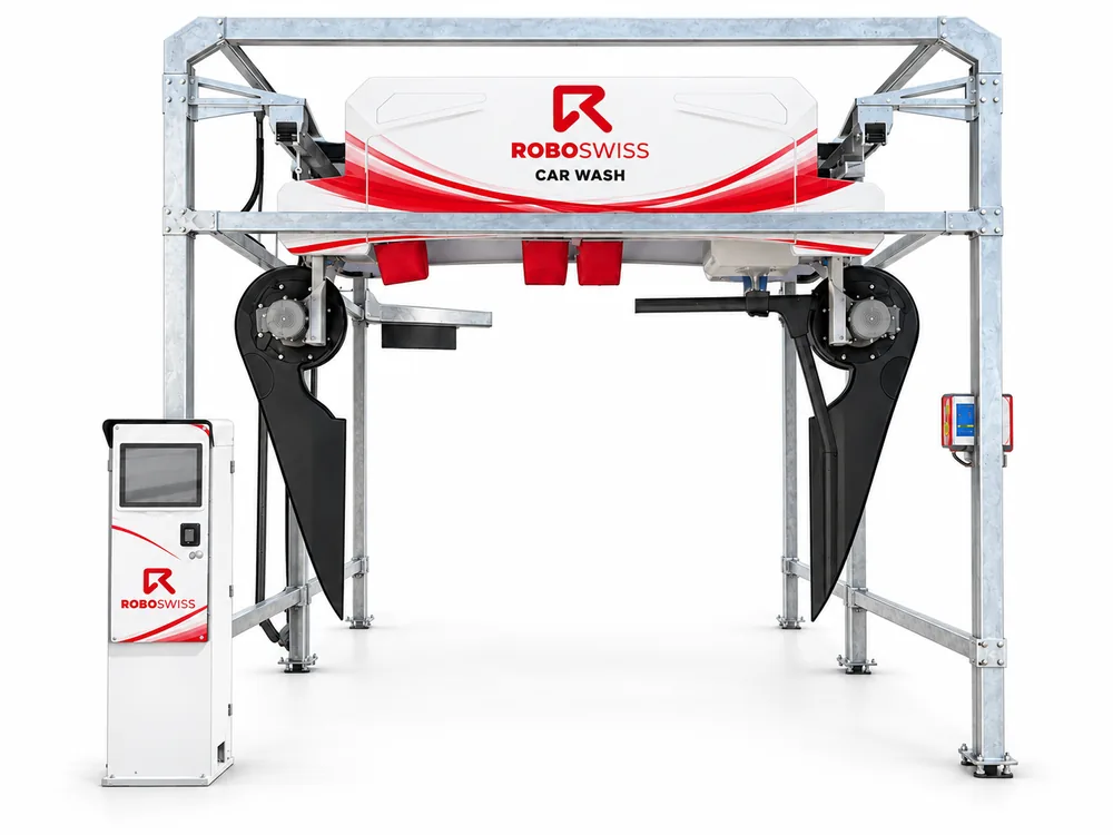 RoboWash wash gantry in ROBOSWISS livery: galvanised frame, white body, black side dryers and a touchscreen payment terminal