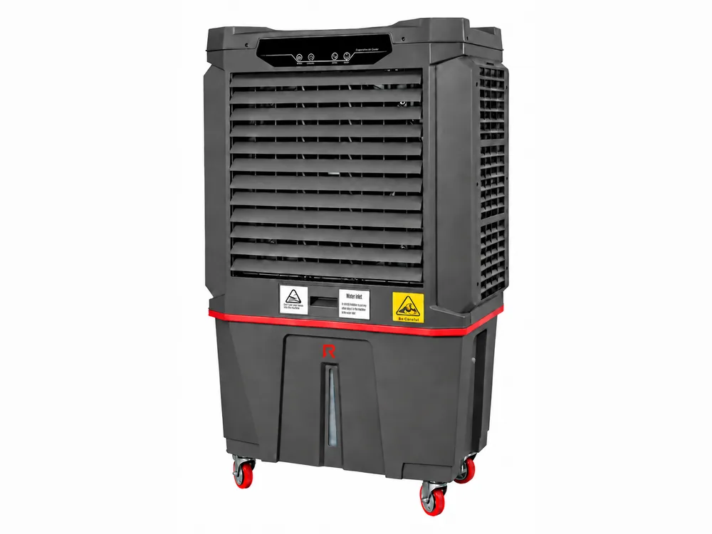Mobile RS-A13C evaporative air cooler: anthracite housing, control panel, red band and red castors