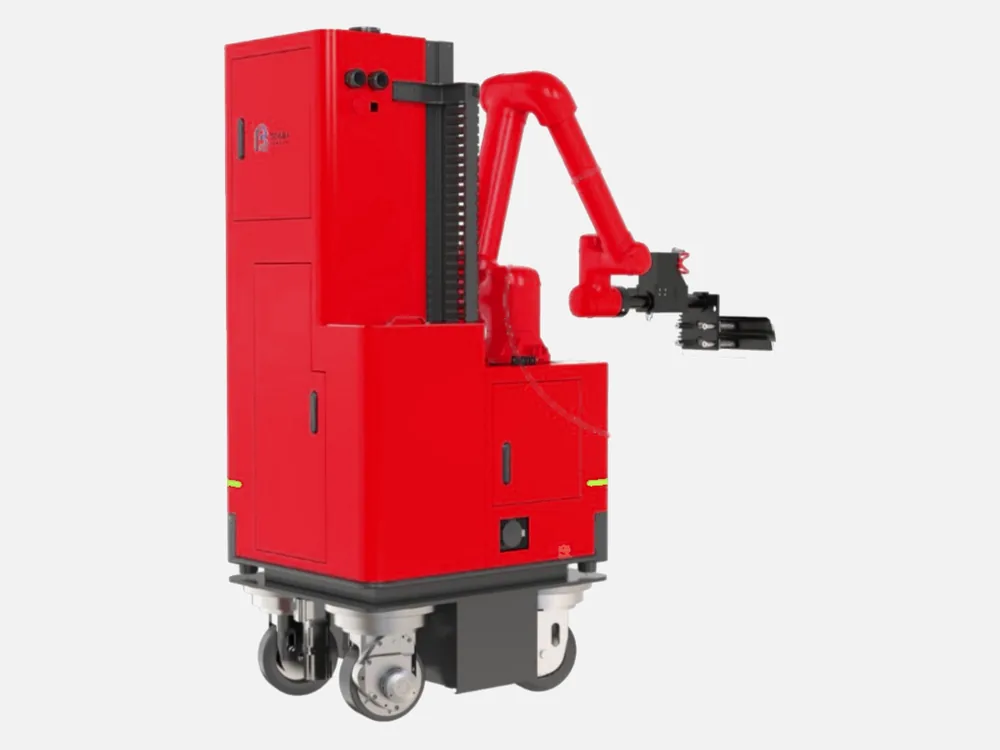 Red RS-P2 robot on wheels, with a lifting column and an articulated arm carrying the tool head